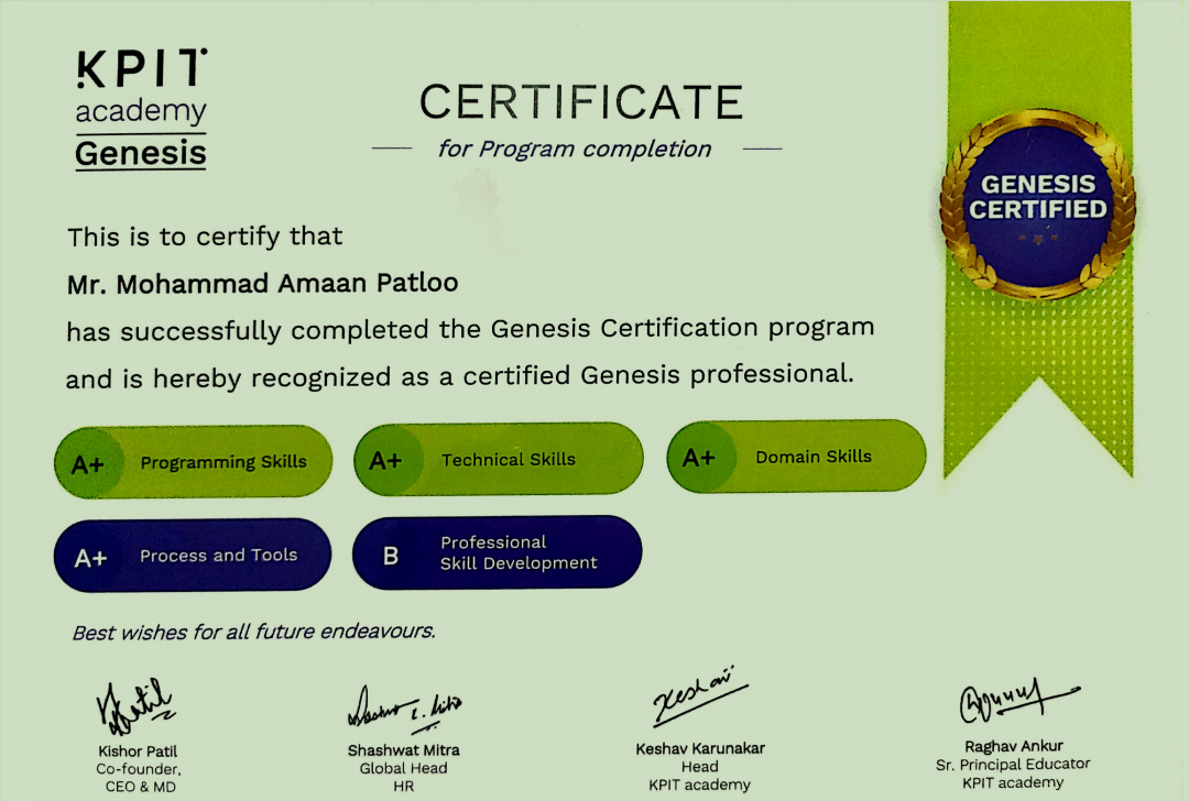 I've been recognized as the Outstanding Performer in the Genesis Training at KPIT Technologies